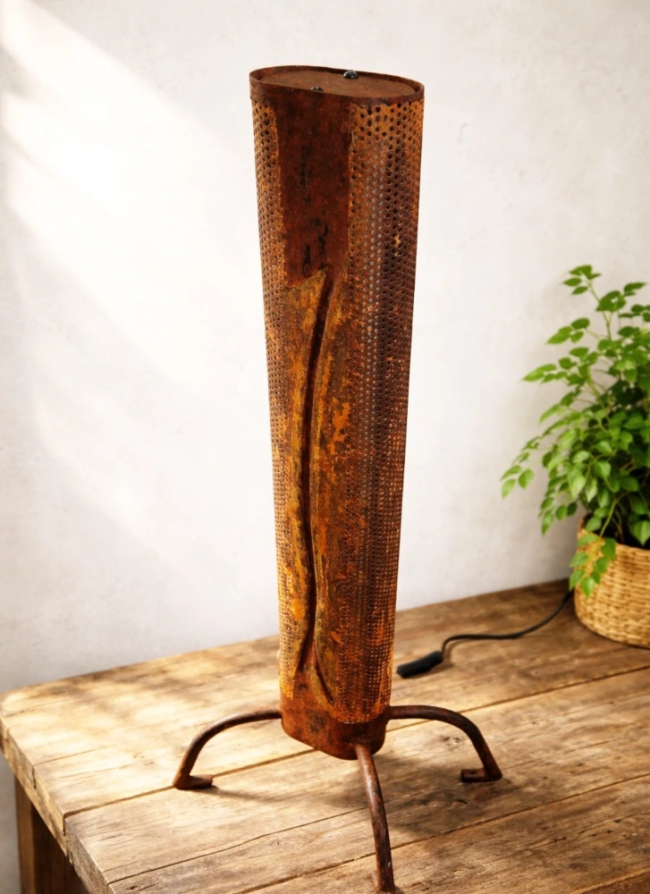 Lampe en métal de récupération rouillé. Éclairage tube led.