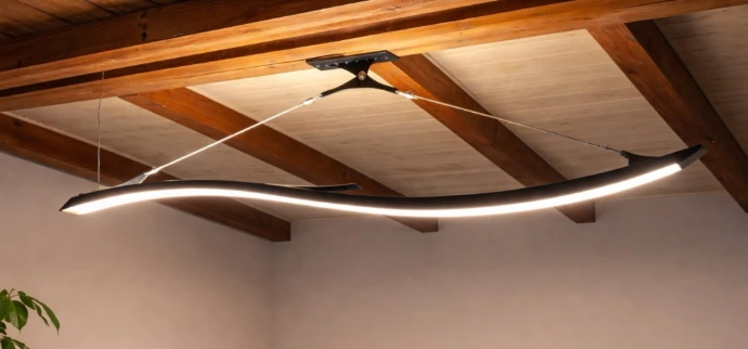 Plafonnier en tôle teintée. Cable en inox et éclairage led.